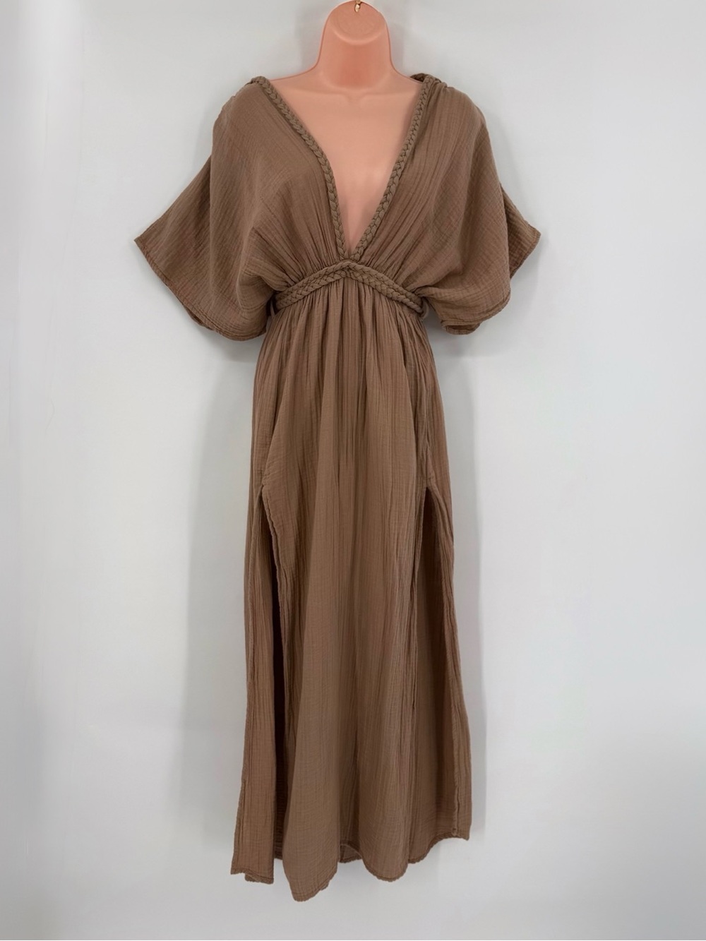 Blanca Braided Trim Plunge Cotton Gauze Kimono Sleeve Maxi Dress | Camel | OS